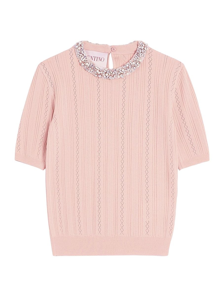 Women's Embroidered Wool Sweater - Pink - Size Medium