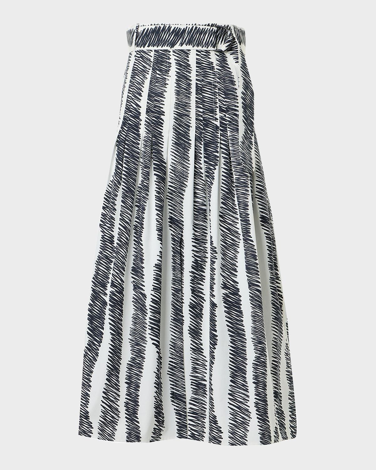Scribble Pleated Cotton Poplin Midi Skirt With Belt