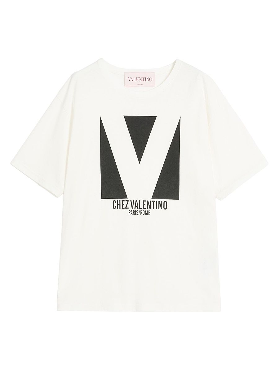 Women's Jersey Cotton T-Shirt with Chez Valentino Print - Ivory - Size XS