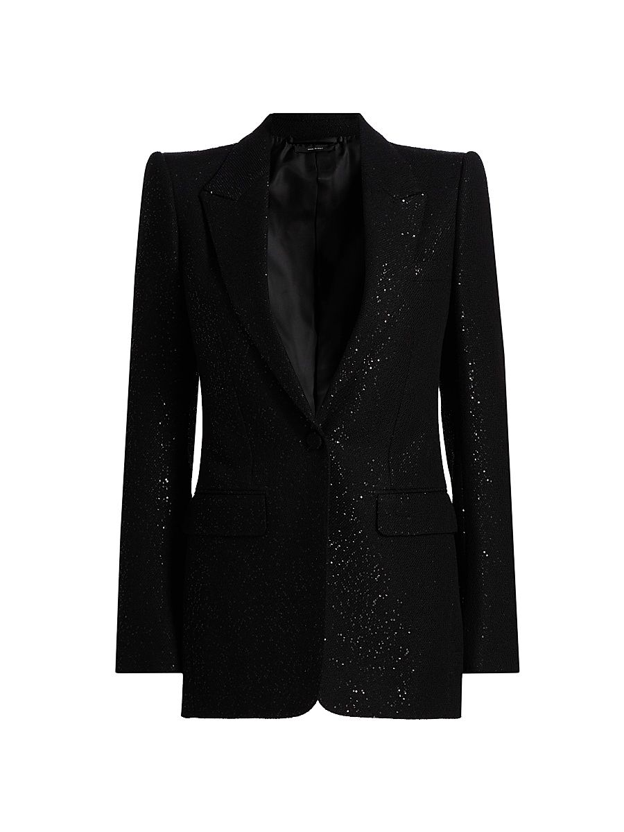 Women's Sequined Wool-Blend Crepe Single-Breasted Jacket - Black - Size 10