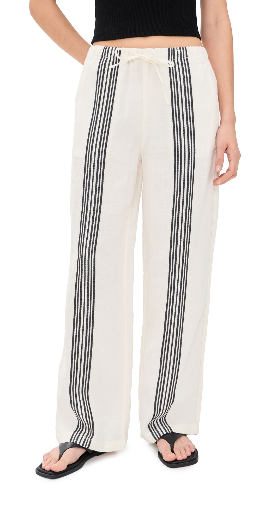 Madewell Pull-On Linen Pants Bold Placement Stripe Black XXL