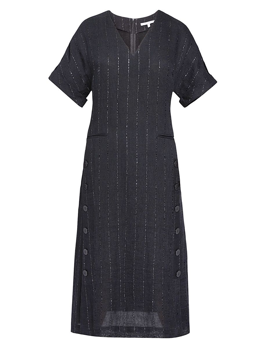 Women's Striped Linen-Blend A-Line Midi-Dress - Black - Size 10