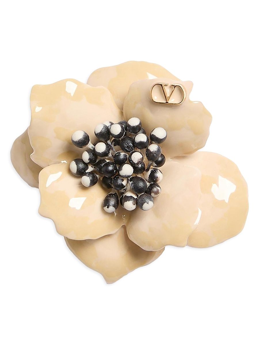 Women's Fleur Lumineuse Brooch in Metal, Enamel and Fabric - Gold Ivory