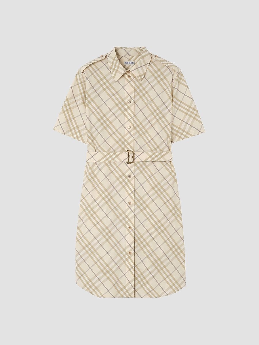 Women's Georgina Check Belted Cotton Mini Shirtdress - Sesame Beige Check - Size 16