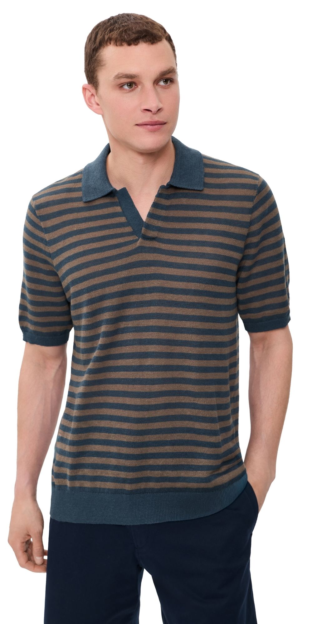 Faherty Linen Sweater Polo Top Navy Cedar Stripe L