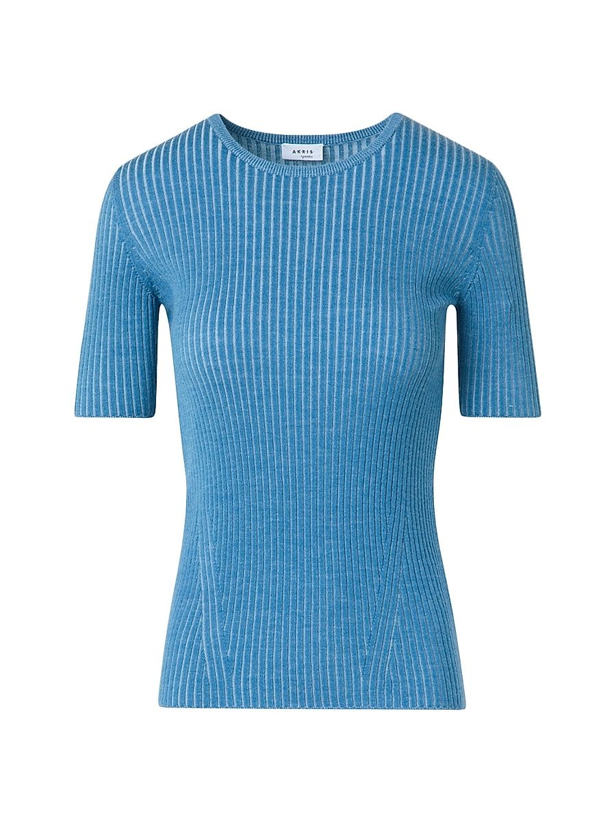 Women's Rib-Knit Wool Top - Cream Medium Blue - Size 14