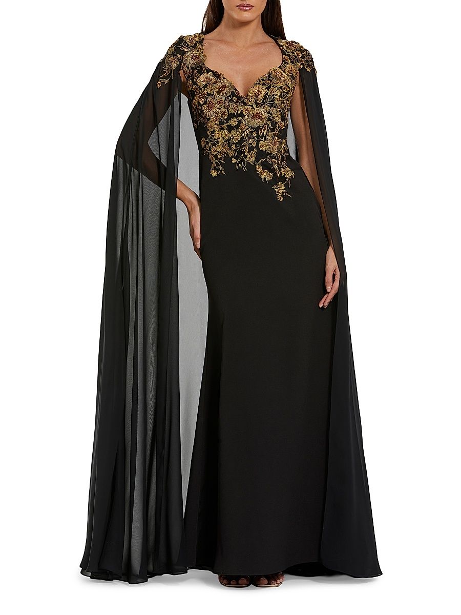 Women's Crepe Floral Embellished Gown - Black Gold - Size 18