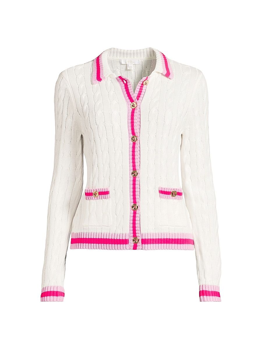 Women's Brockton Cotton Cable-Knit Polo Cardigan - Coconut Pink Bliss Tipping - Size XL