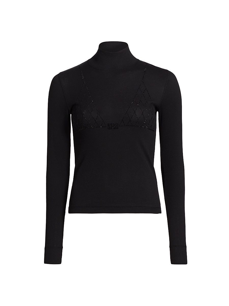 Women's Ribbed Rhinestone Turtleneck Top - Black - Size Large