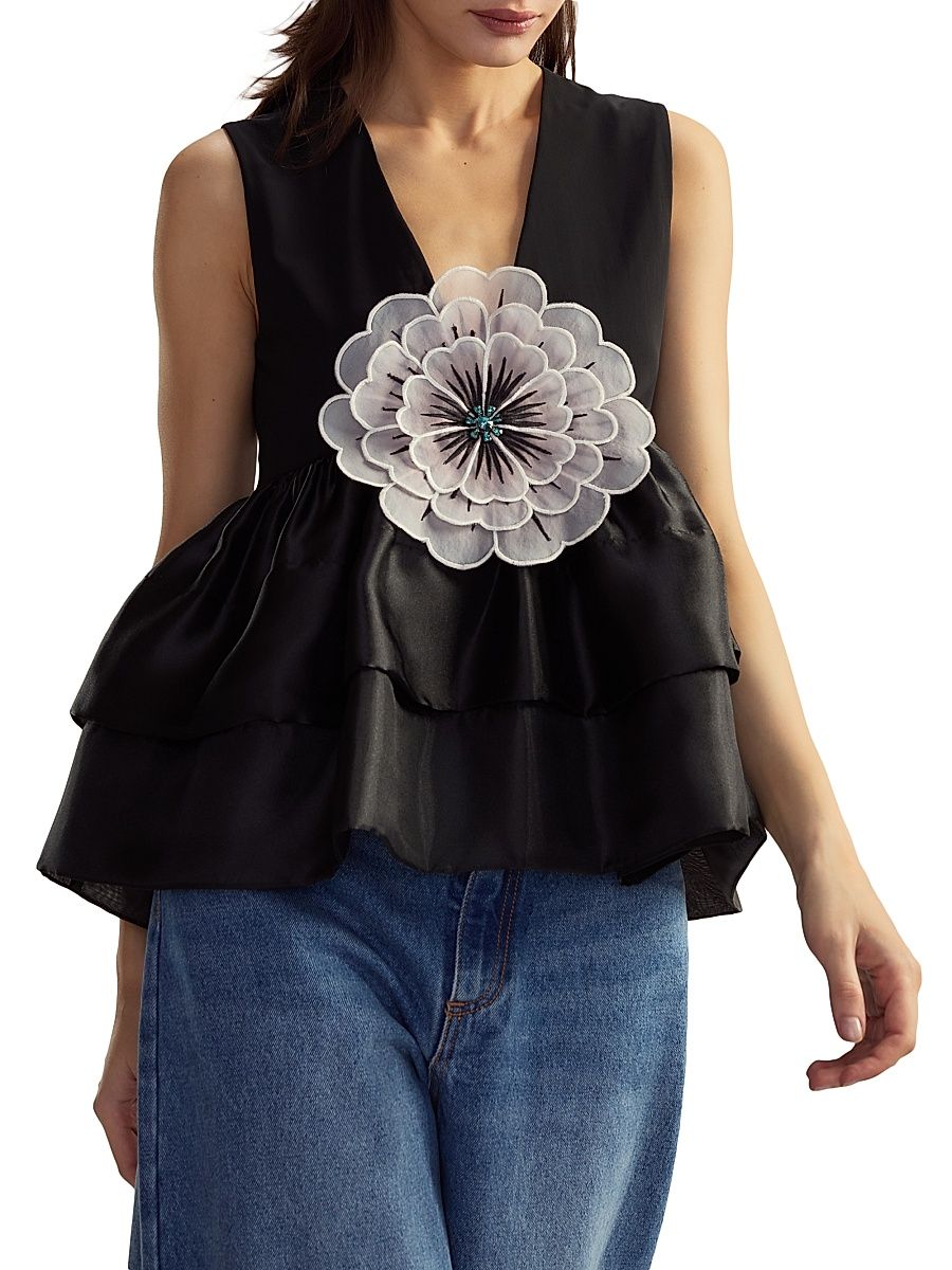 Women's V-Neck Organza Flower Top - Black Multi - Size Large