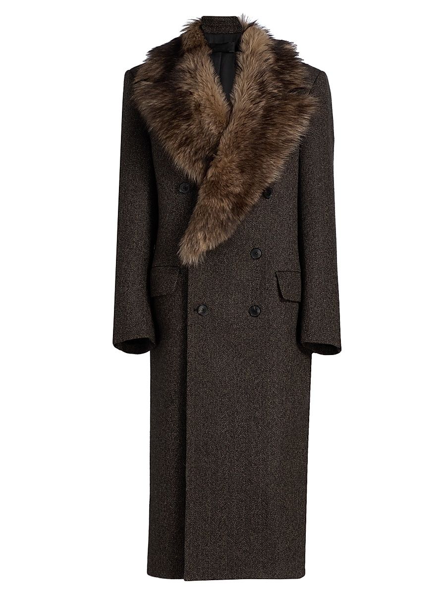 Women's Edina Wool & Shearling Long Coat - Bark Herringbone - Size Medium