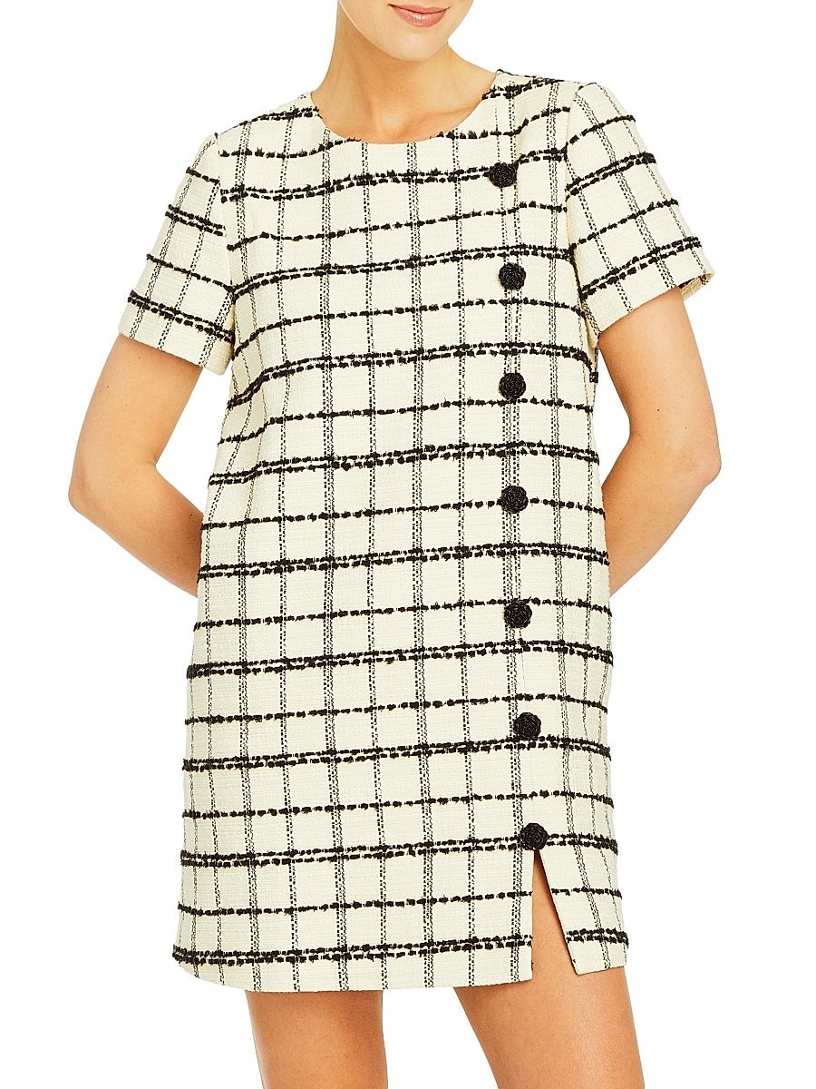 Women's Isolde Cotton-Blend Tweed Short Sleeve Minidress - Cream Black - Size 12