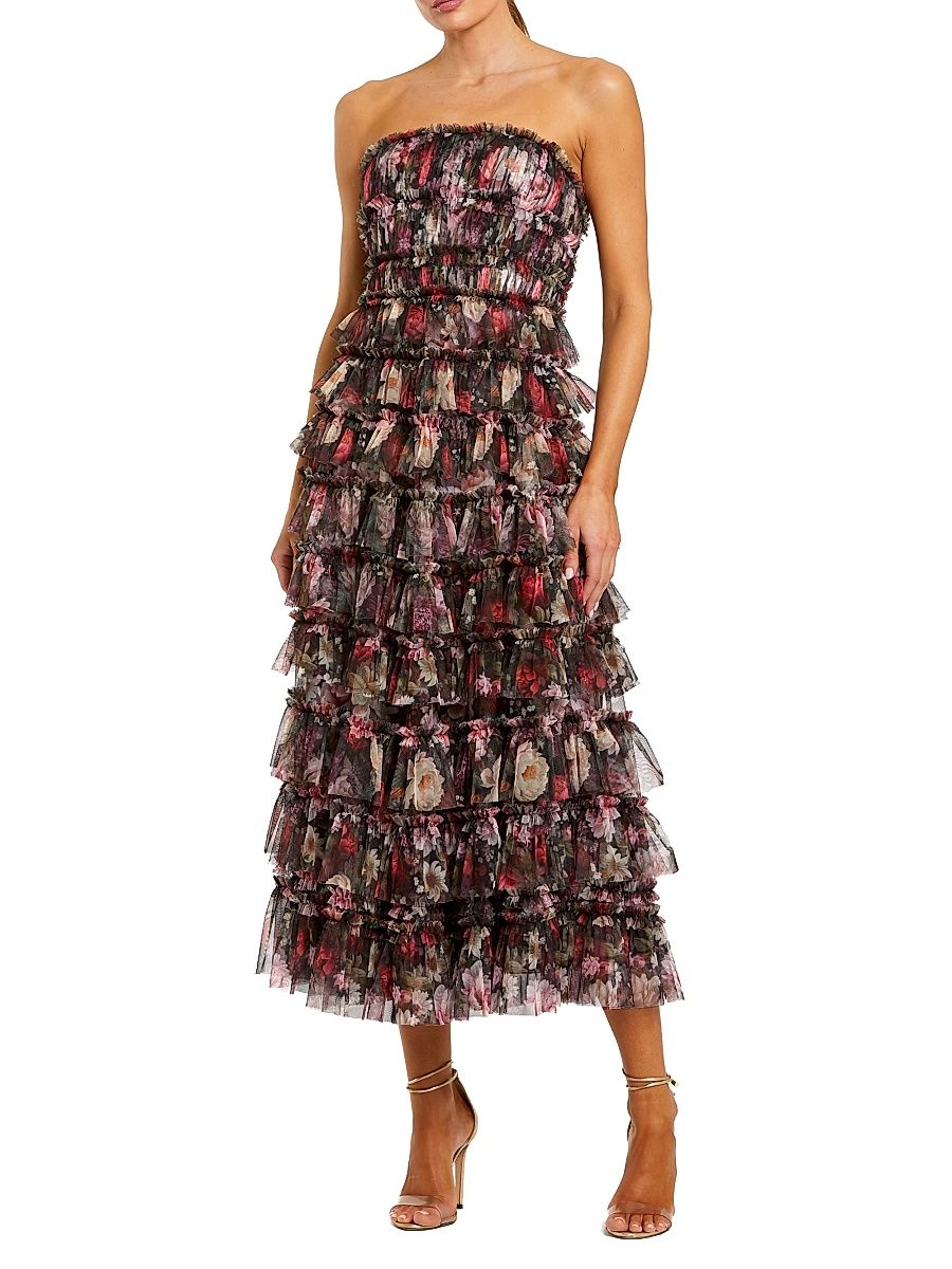 Women's Tiered Ruffled Floral Strapless A-Line Midi-Dress - Black Multi - Size 14