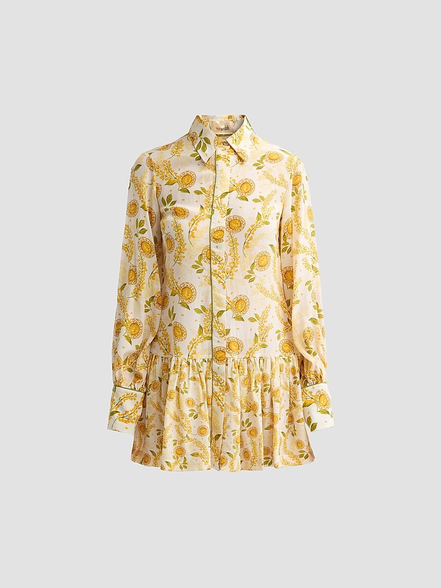 Women's Bejewelled Frill Mini Shirtdress - Yellow Sapphire - Size XS