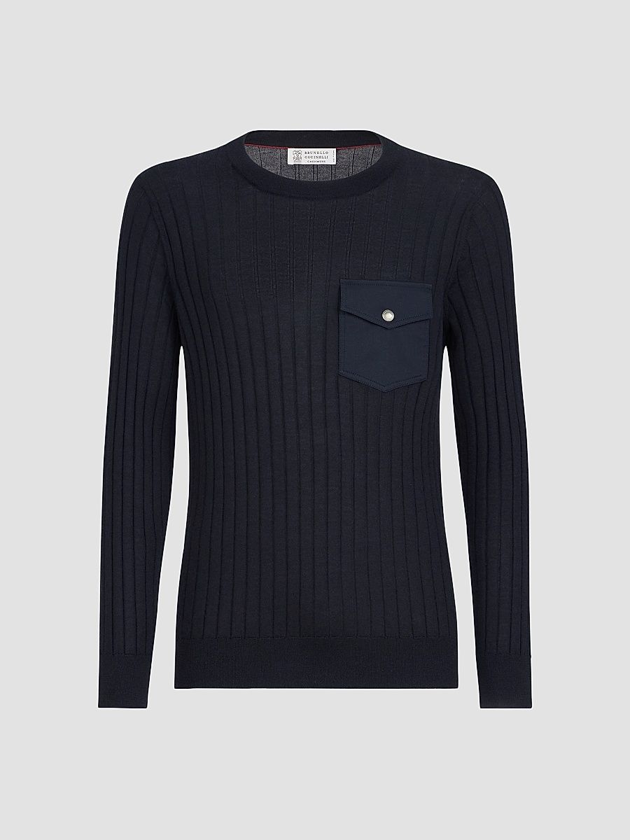 Men's Cashmere and Silk Ribbed Sweater with Chest Pocket - Navy Blue - Size 38