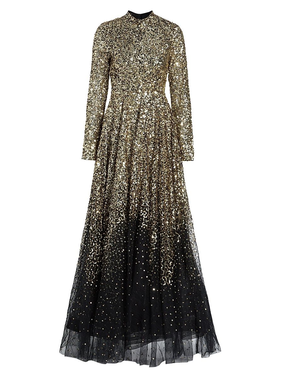 Women's Ina Sequin-Embroidered Long-Sleeve Gown - Black Gold - Size 2