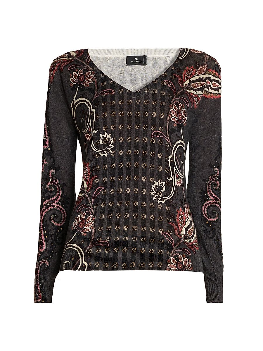 Women's Paisley Silk-Cashmere Sweater - Multicolor Black Base - Size 12