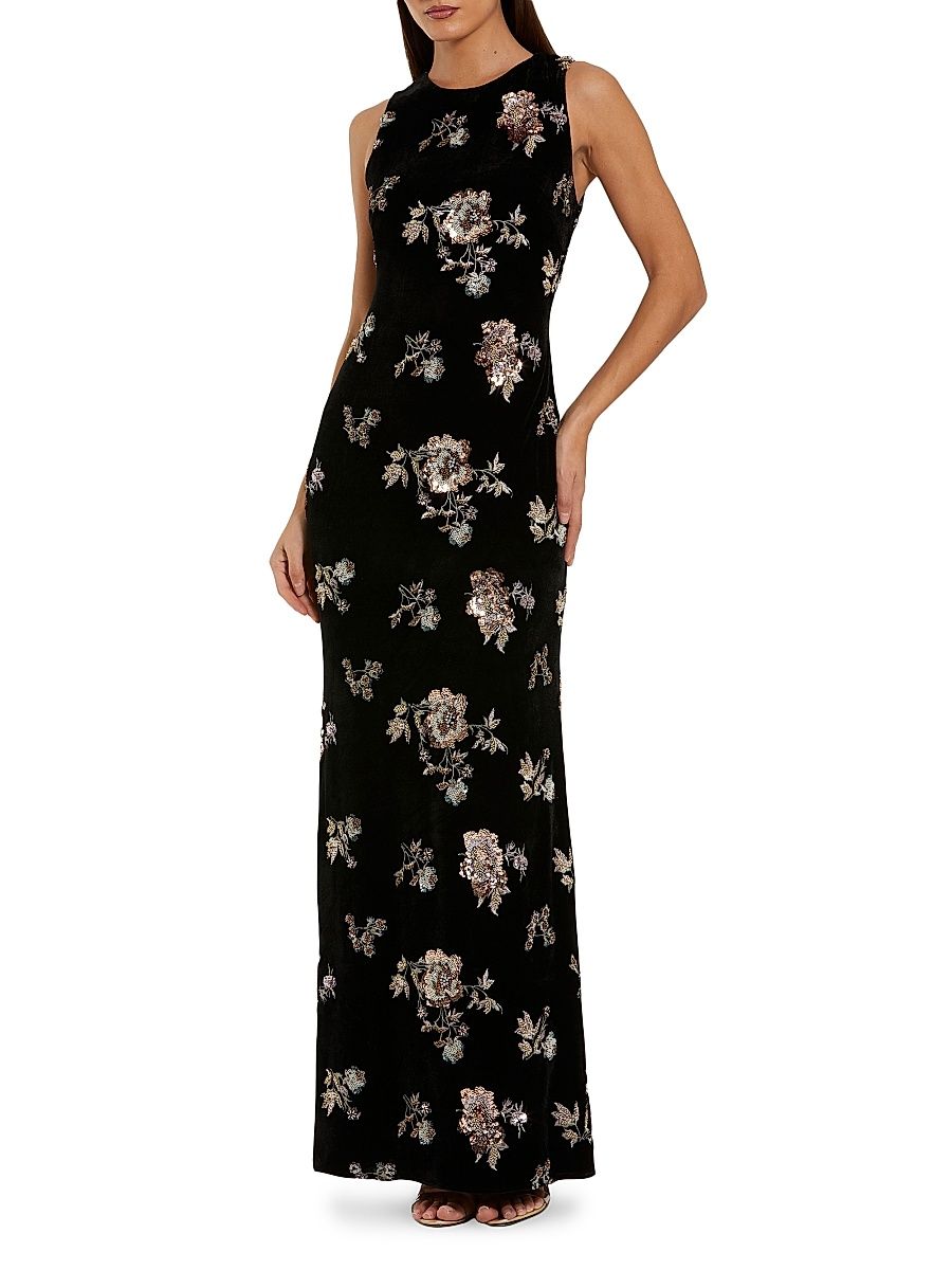 Women's Floral Sequined Velvet Column Gown - Black Multi - Size 14