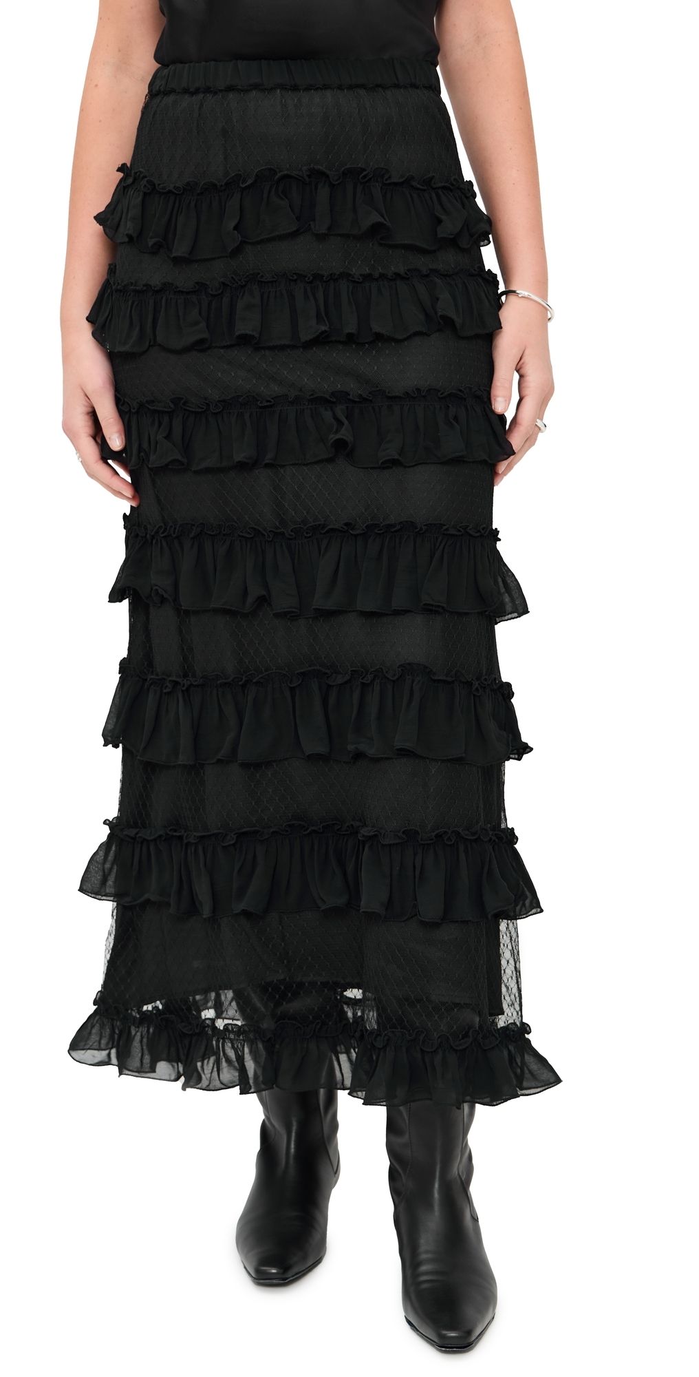 THE GREAT. The Winter Mesh Flounce Skirt Black 1