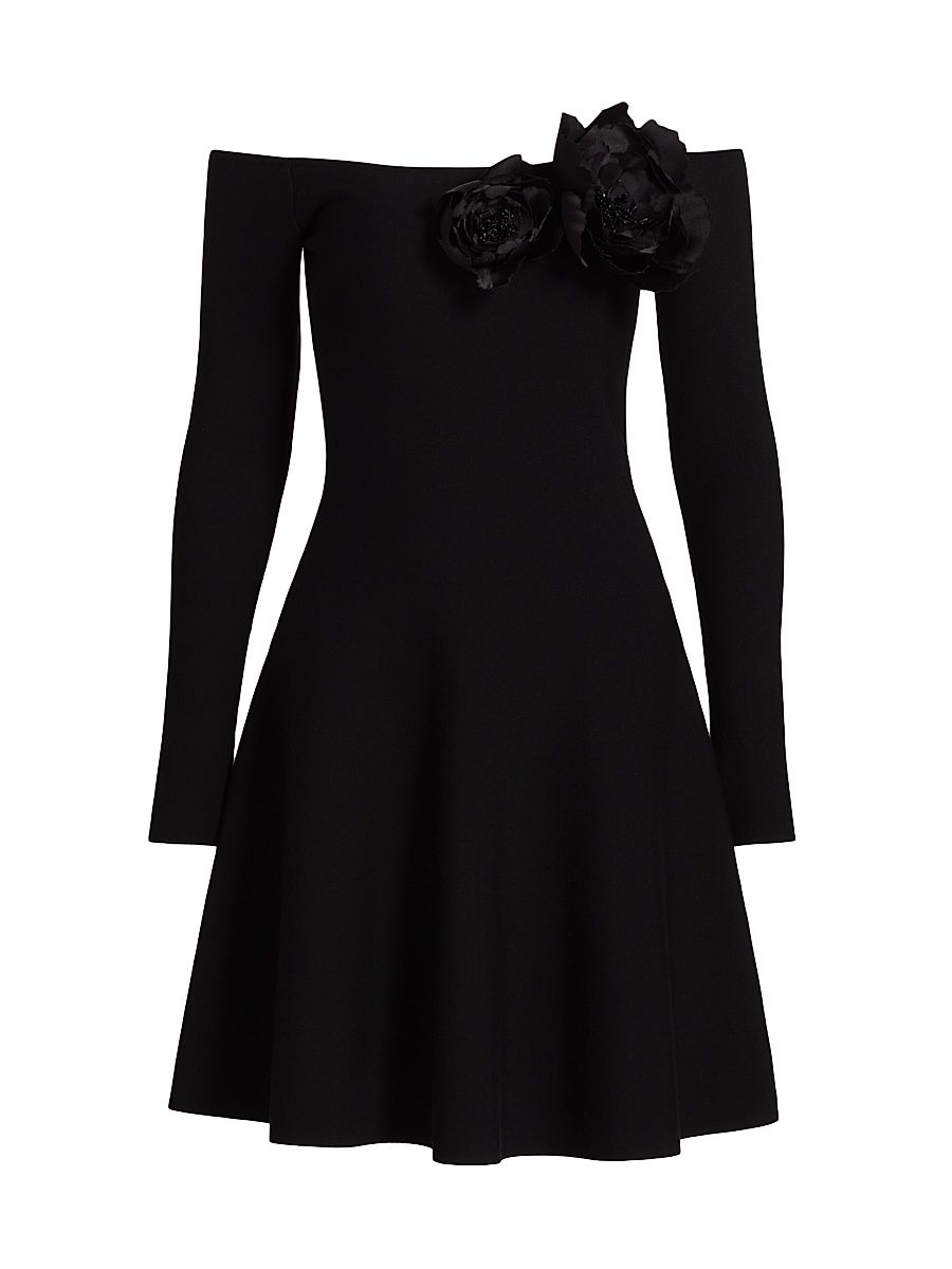 Women's Floral-Appliquéd Off-the-Shoulder Minidress - Black - Size Medium
