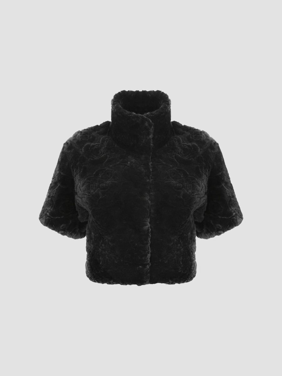 Gorski Women's Select Shearling Lamb Rose Cut Bolero, Cropped Sleeves - Black - Size Medium
