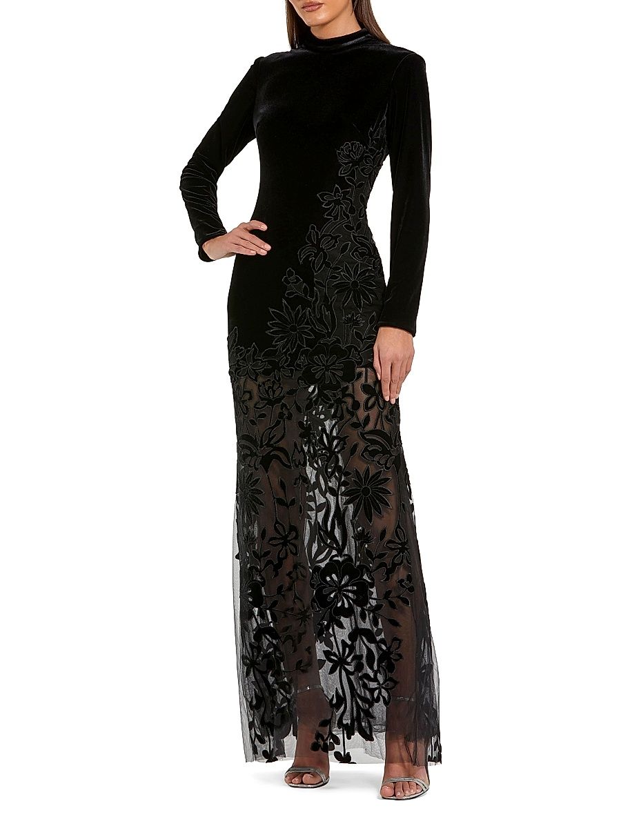 Women's Floral Mixed-Media Long-Sleeve Gown - Black - Size XL