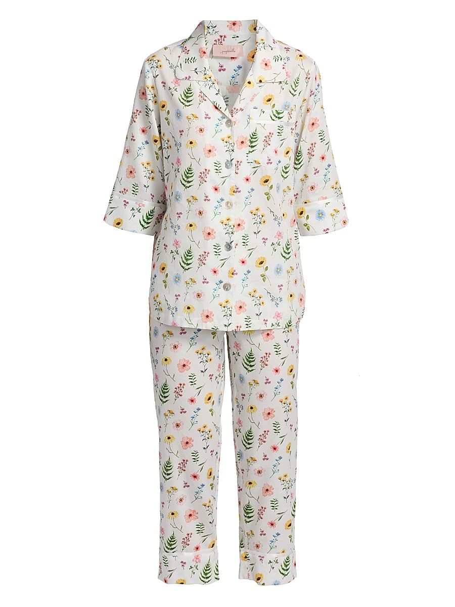 Women's Elodie Wildflower Cotton Crop Pajamas - White - Size XL