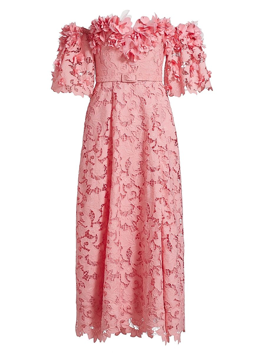 Women's Guipure Lace Off-The-Shoulder Midi-Dress - Peony - Size 16
