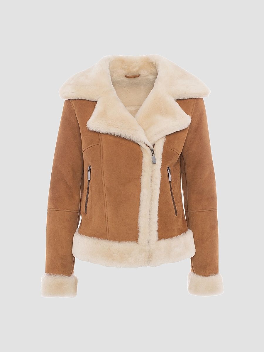 Gorski Women's Merino Lamb Moto Zip Jacket - Whiskey Beige - Size XL
