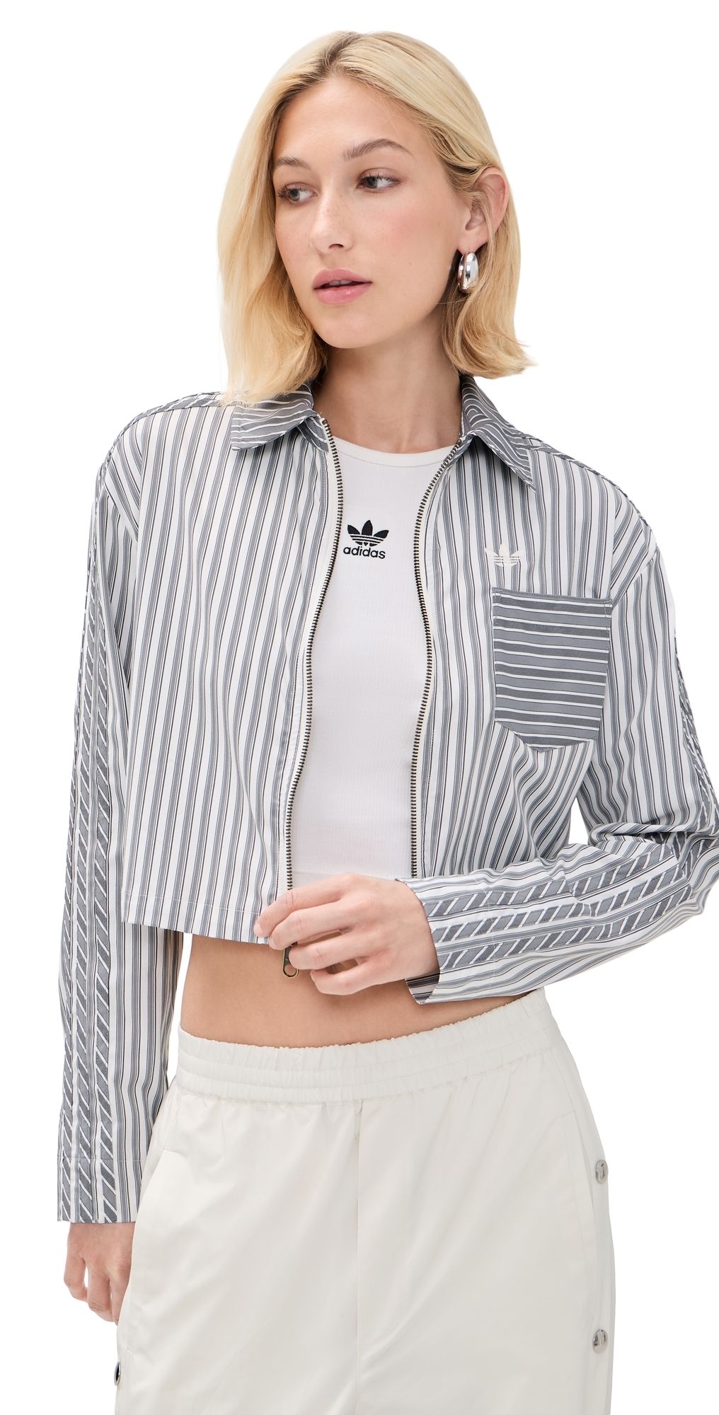 adidas Stripe Crop Zip-Up Shirt Grey Three/Utility Black S
