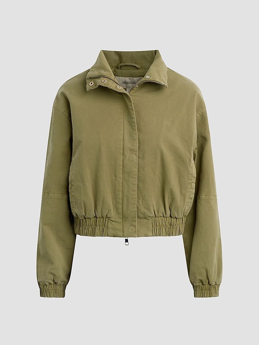 Women's Sporty Cotton-Blend Bomber Jacket - Dried Herb - Size Large