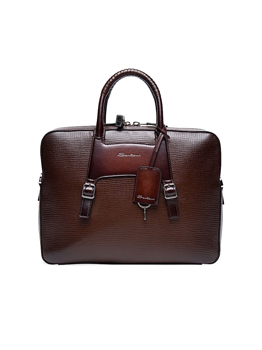 Men's Leather Buckle Briefcase - Dark Brown