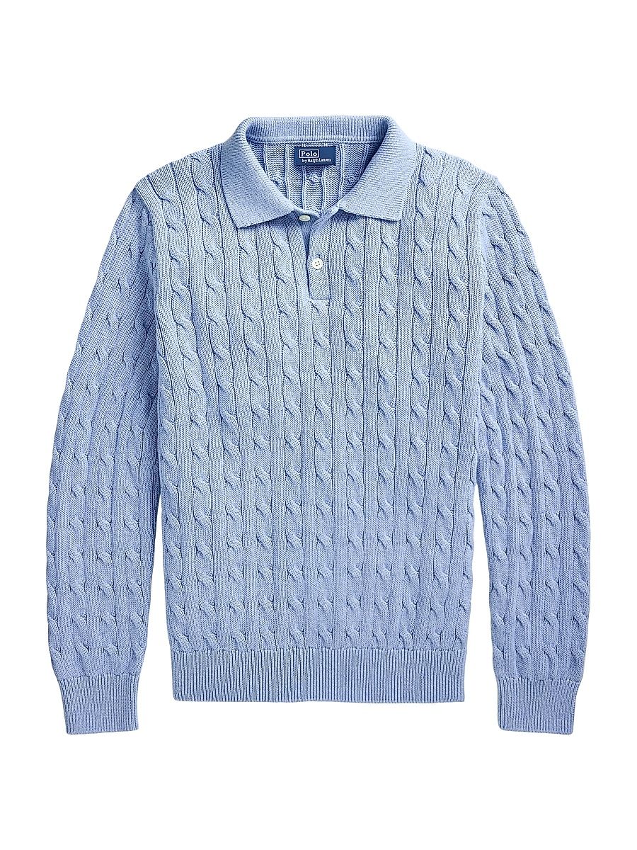 Men's Cable-Knit Cotton Polo-Collar Sweater - Blue Hyacinth Heather - Size XXL