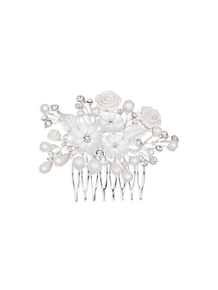 Rhinestone Pearl and Floral Hair Comb - Silver