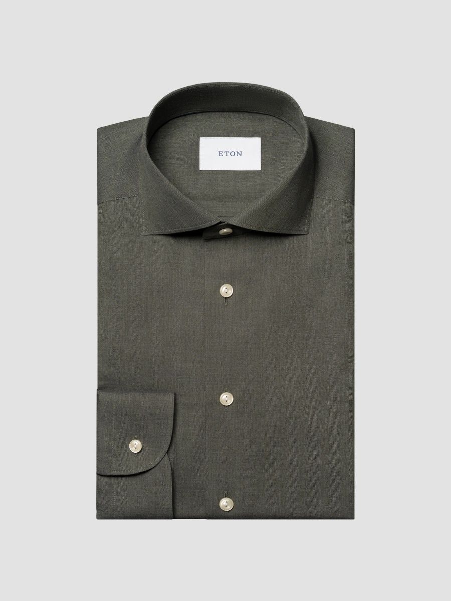 Eton Men's Flannel Button-Up Shirt - Dark Green - Size 17.5