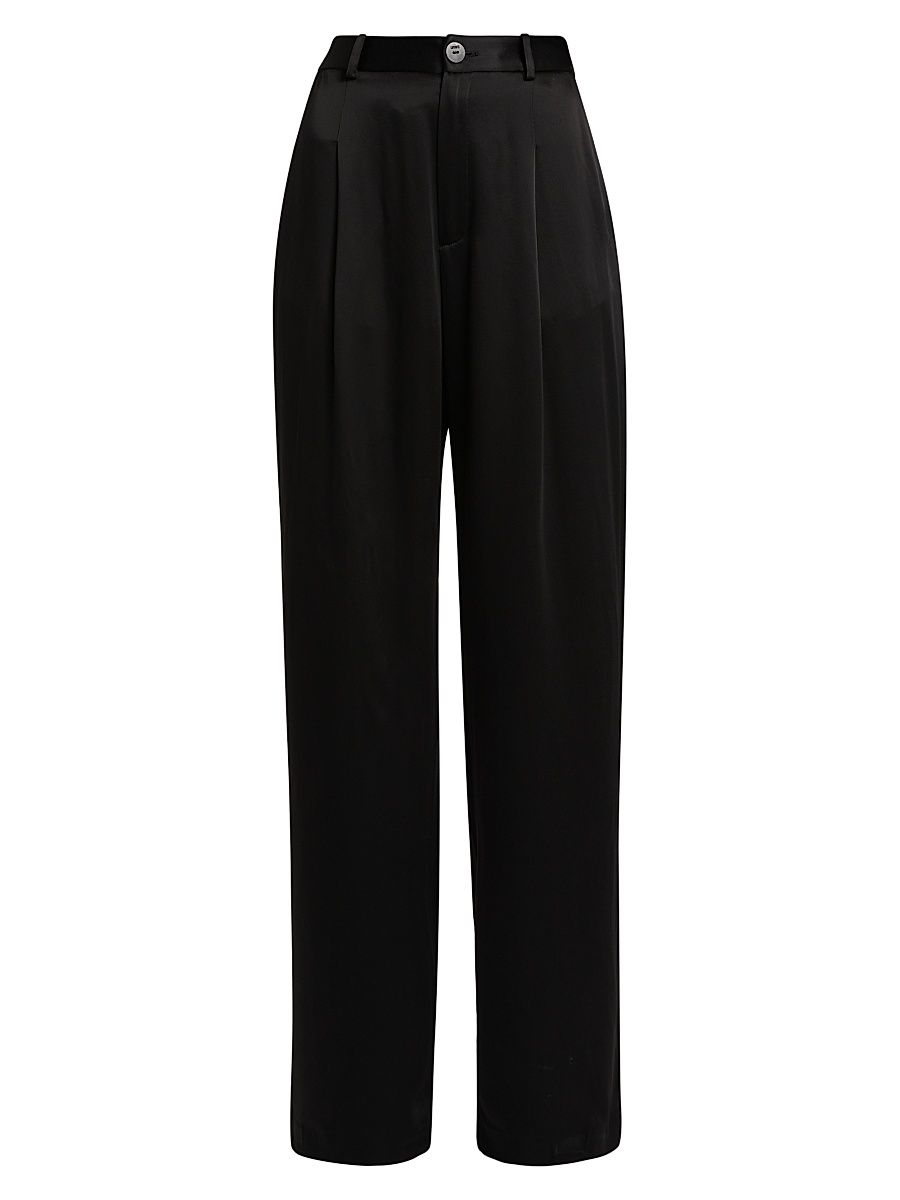 Women's Satin Pleated Straight-Leg Pants - Black - Size 12