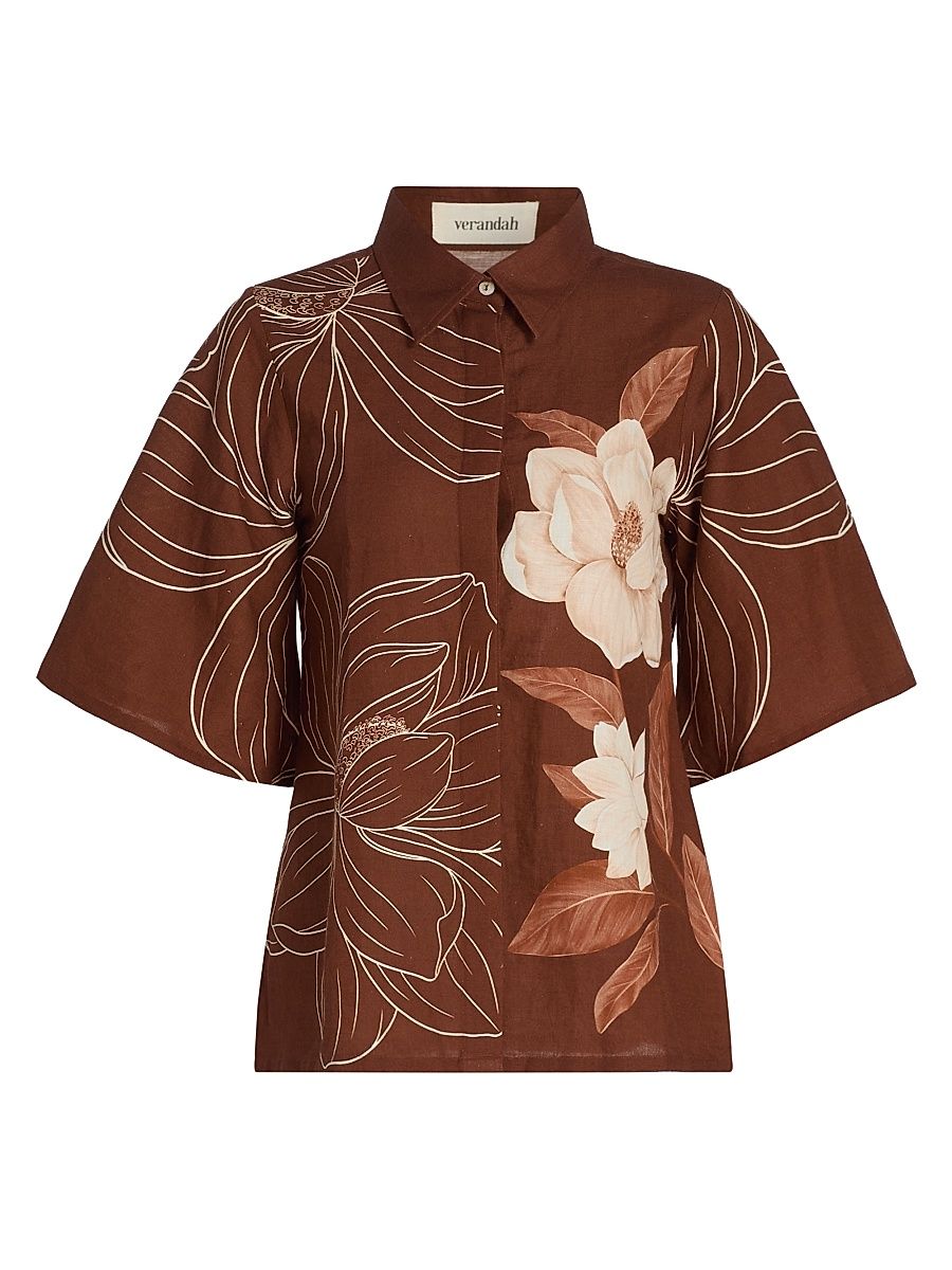 Women's Ammama Floral Linen-Cotton Bell-Sleeve Shirt - Brown Linear Magnolia Panel - Size XL