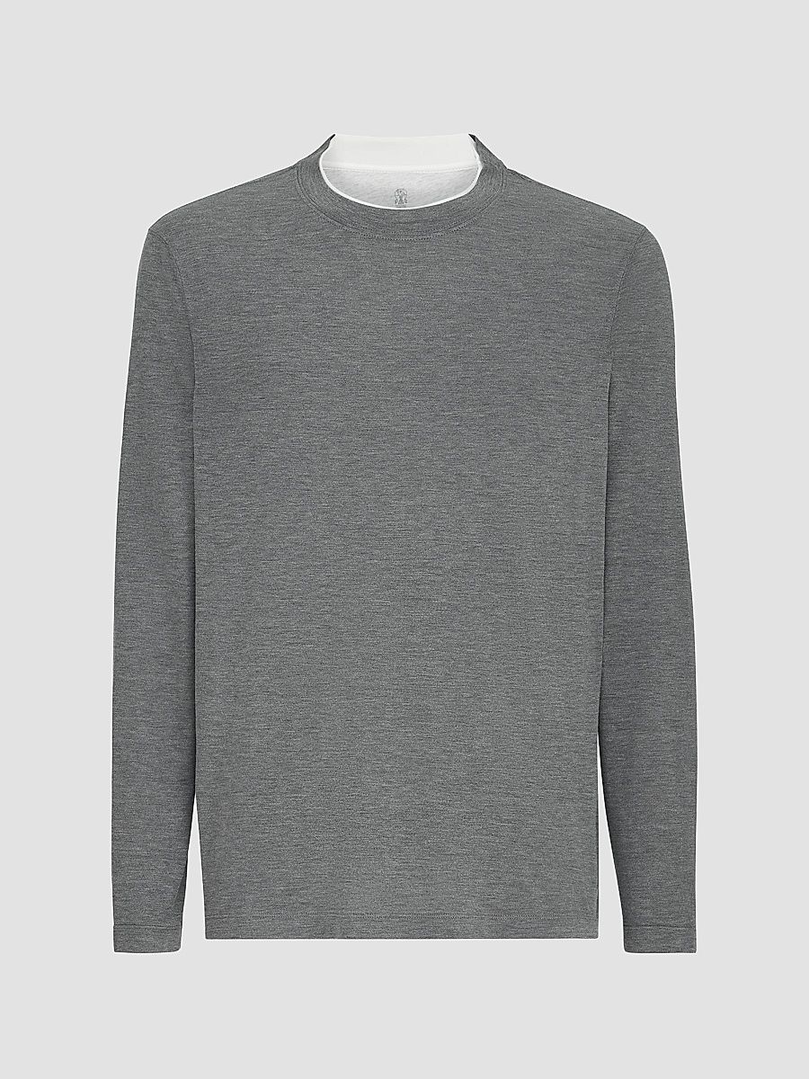Men's Silk and Cotton Lightweight Jersey Long Sleeve Crewneck T-Shirt - Grey - Size XXXXL
