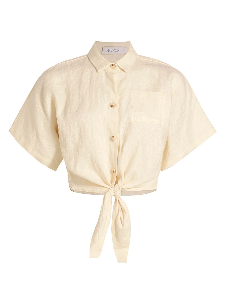 Women's Alex Linen Tie Crop Shirt - Ivory - Size XL