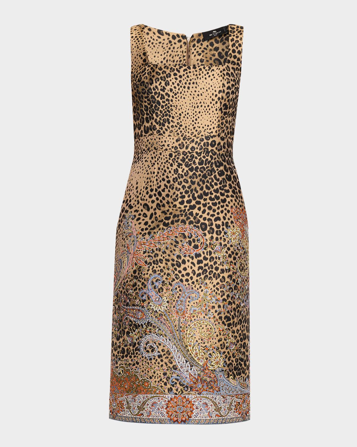 Paisley Embroidered Leopard Jacquard Sleeveless Midi Dress