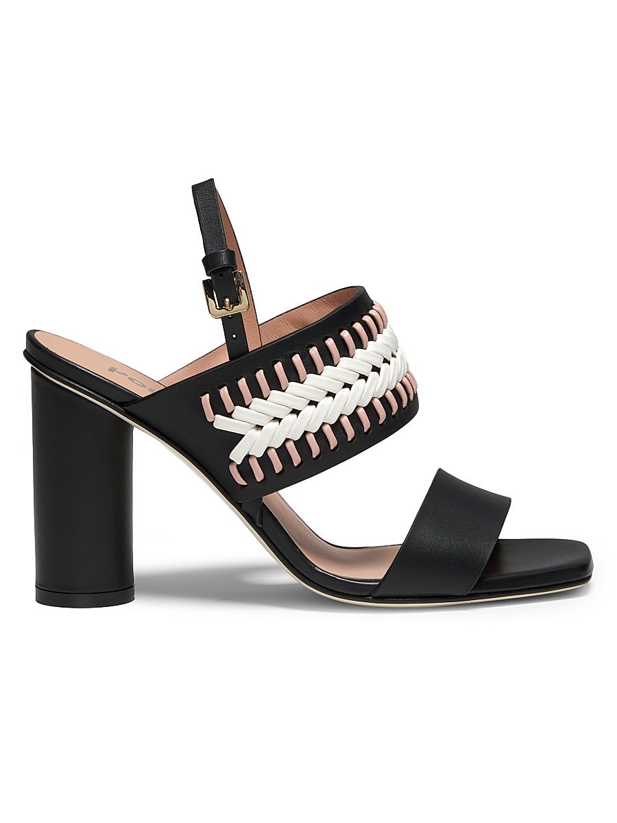 Women's Woven Leather 85MM Cylinder Heel Sandals - Black - Size 9.5