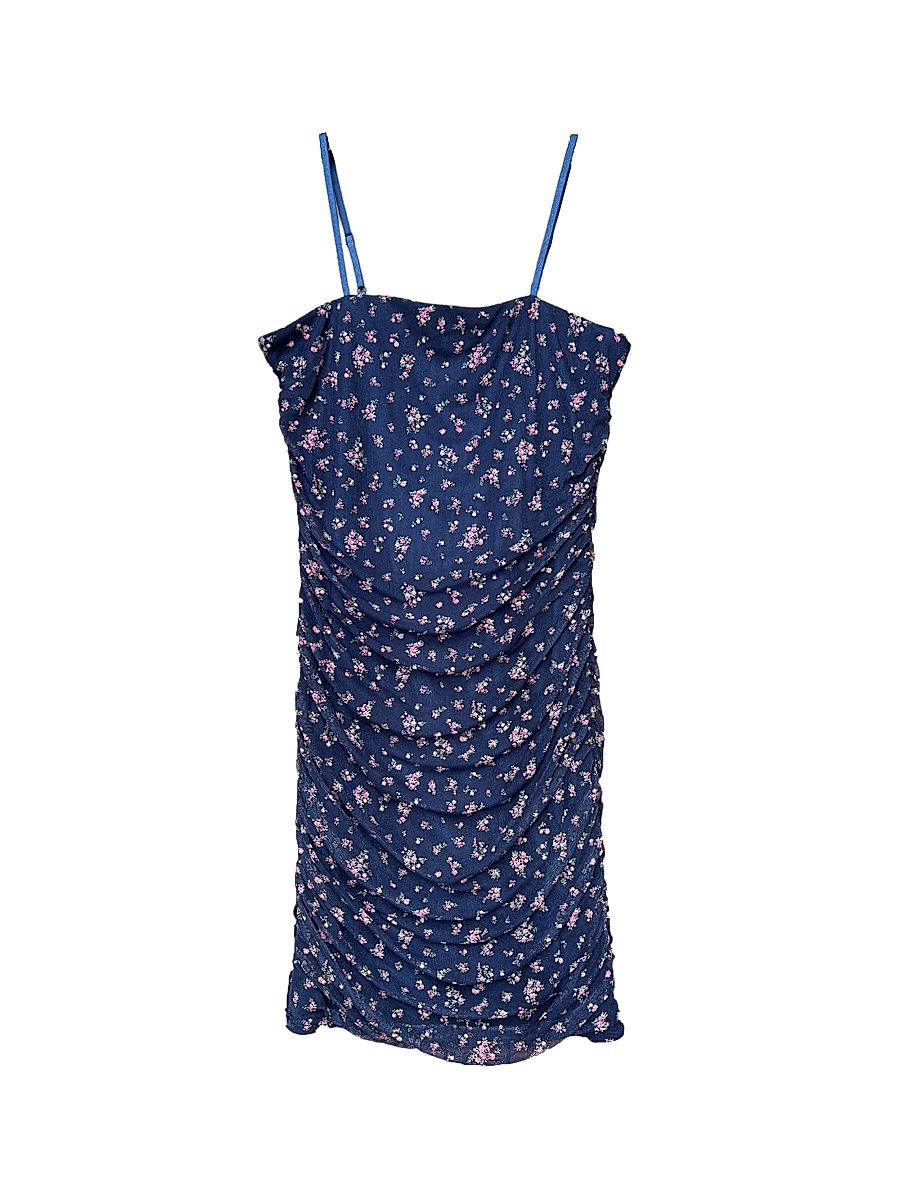 Girl's Floral Mesh Ruched Dress - Navy Floral - Size 16