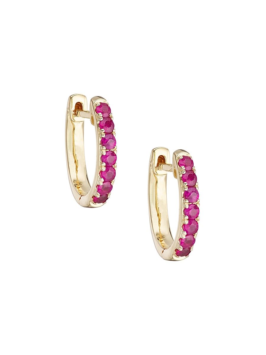Women's 14K Yellow Gold & Ruby Huggie Earrings - Yellow Gold