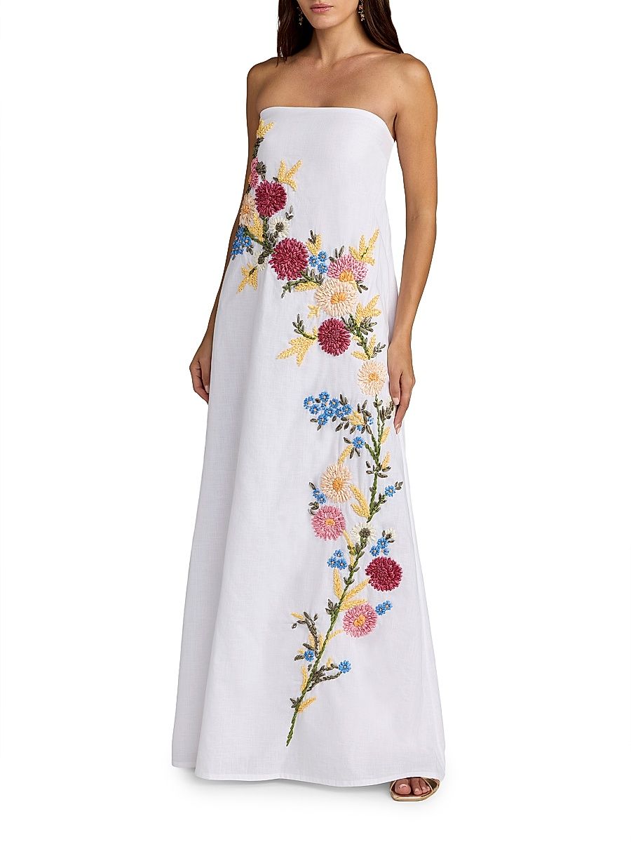 Women's Floral Embroidered Linen Strapless Trapeze Gown - White Multi - Size Large