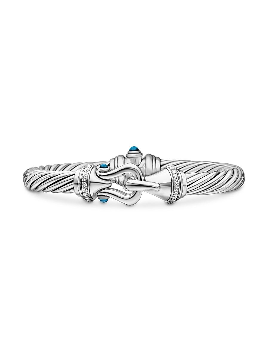 Women's Cable Buckle Sterling Silver, Diamond & Hampton Blue Topaz Bracelet - Hampton Blue Topaz - Size Small