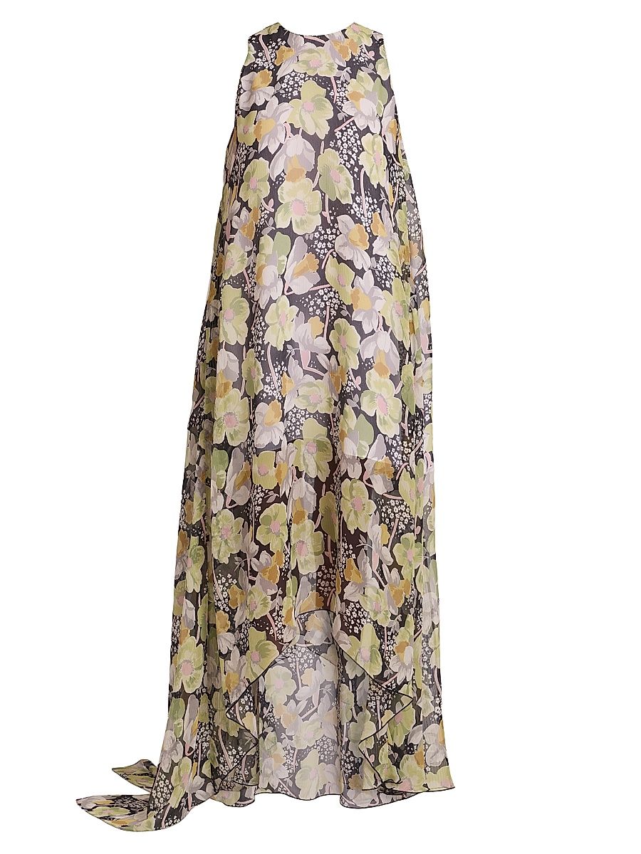 Women's Floral Silk Relaxed Gown - Black Multicolor - Size 10
