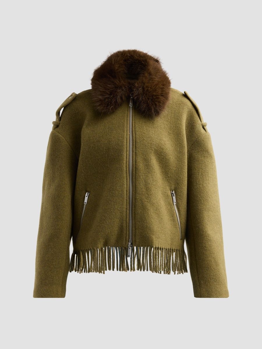 3.1 Phillip Lim Women's Faux-Fur Collar Fringe-Hem Wool-Blend Jacket - Olive - Size Large