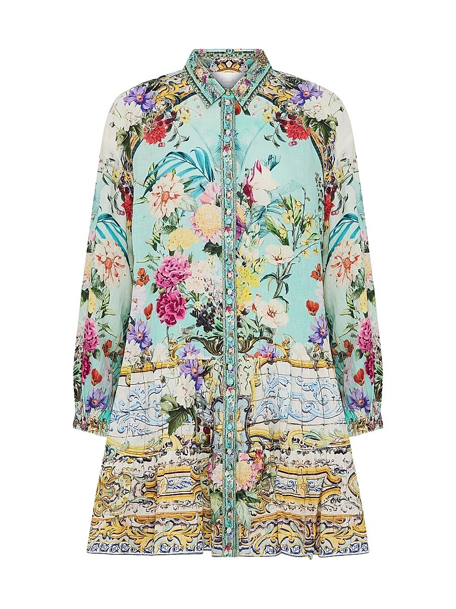 Women's Tiered Linen Minidress - Gardens Of Queluz - Size Medium