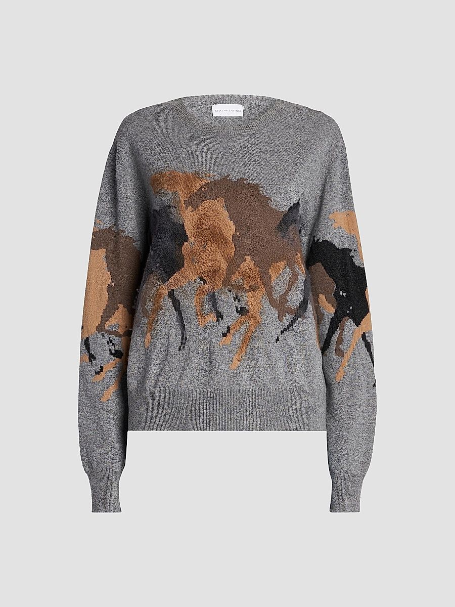Women's Racing Horses Wool Sweater - Grey Melange - Size XS