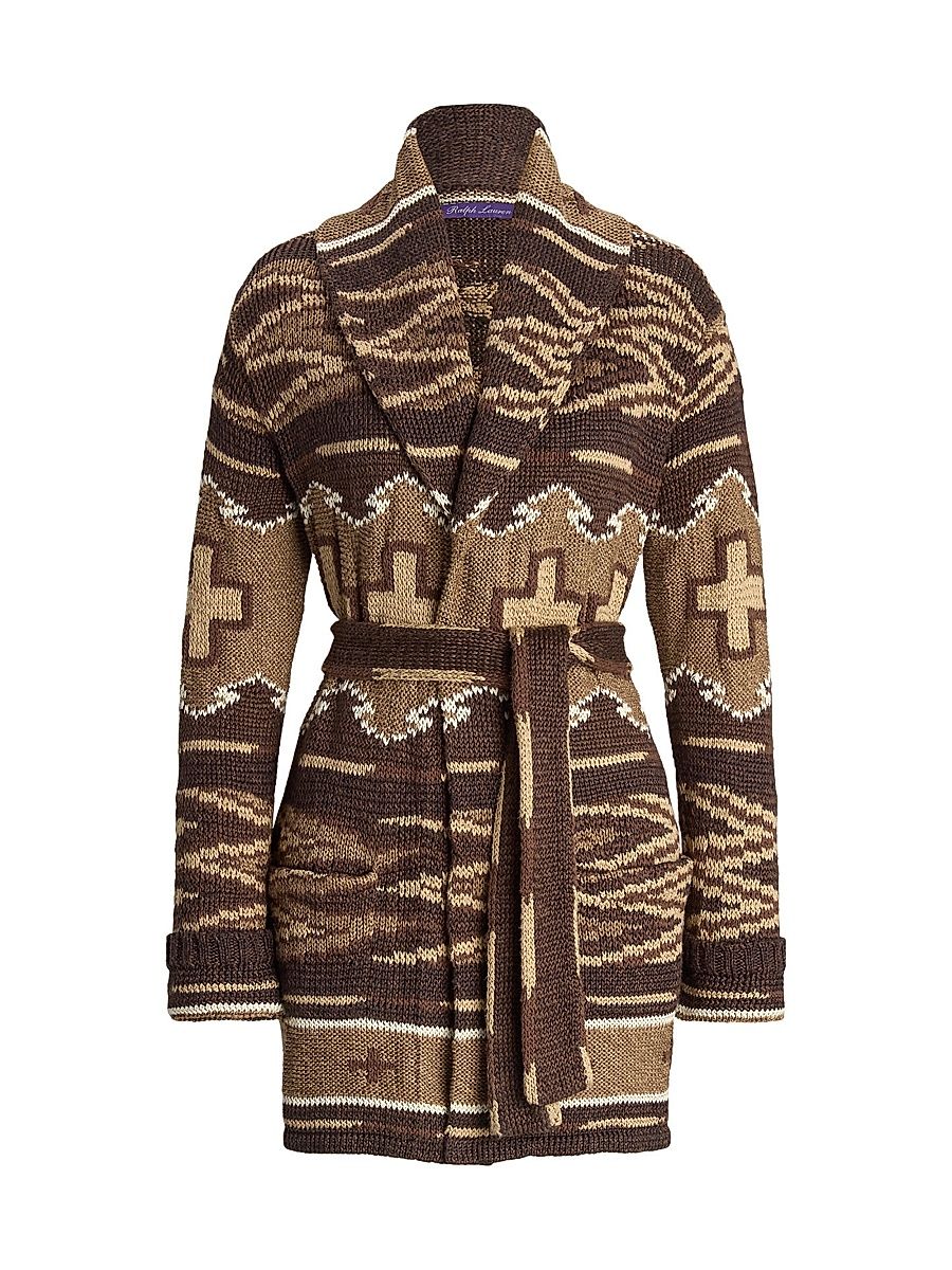 Women's Silk-Linen Shawl Collar Cardigan - Lux Tan Multi - Size XL